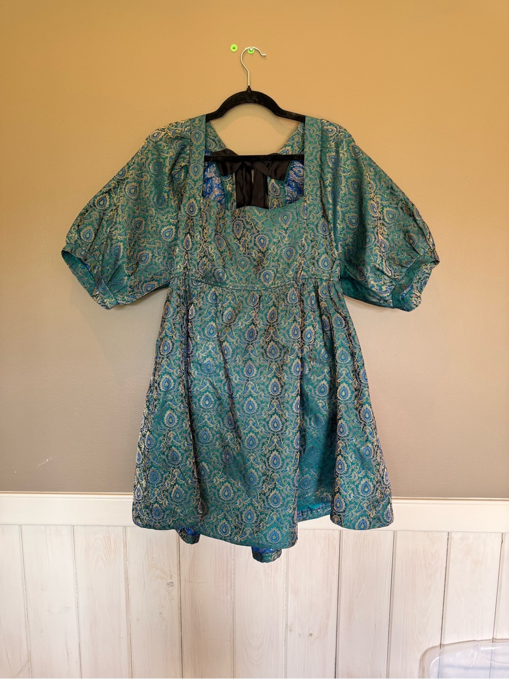 Free People Teal Patterned Puff-Sleeve Dress